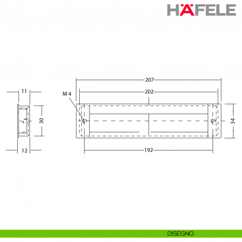 Maniglia ad incasso centrale in alluminio Hafele interasse 192