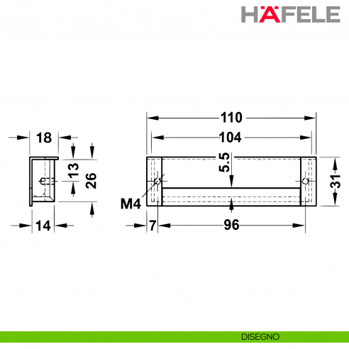 Maniglia da incasso forma U Hafele interasse 96