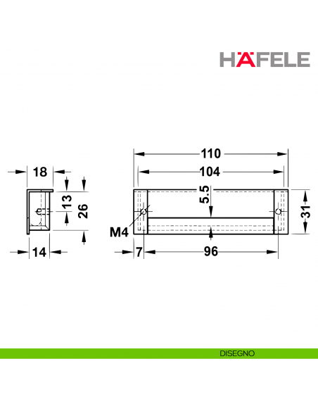 Maniglia da incasso forma U Hafele interasse 96
