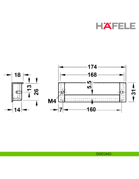 Maniglia da incasso forma U Hafele interasse 160