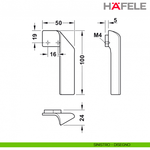 Maniglia di design per mobile piegata destra Hafele H2155 - Disegno - sinistro