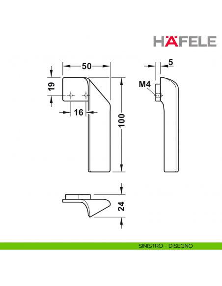 Maniglia di design per mobile piegata destra Hafele H2155 - Disegno - sinistro