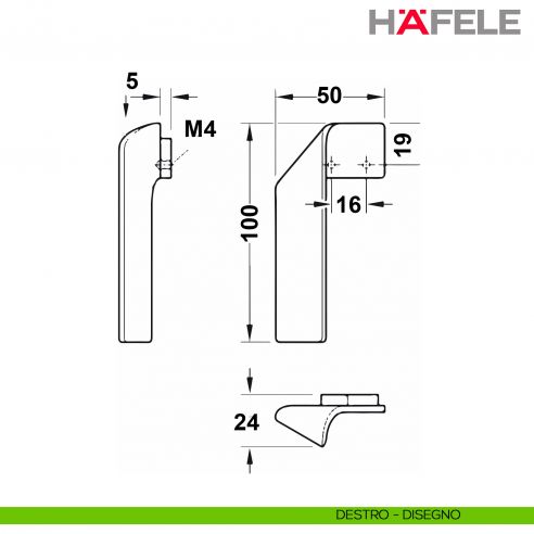 Maniglia di design per mobile piegata destra Hafele H2155 - disegno - destro