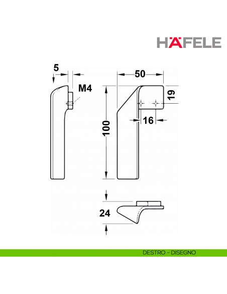 Maniglia di design per mobile piegata destra Hafele H2155 - disegno - destro