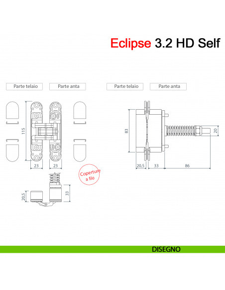 Cerniera a scomparsa con molla per porta AGB Eclipse 3.2 HD Self portata 40 kg disegno