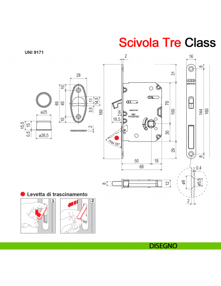 Serratura per porta scorrevole Scivola Tre Class AGB con levetta a scomparsa - disegno