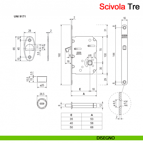 Serratura a gancio per porta scorrevole Scivola Tre AGB disegno