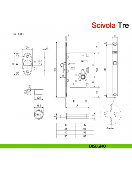 Serratura a gancio per porta scorrevole Scivola Tre AGB disegno