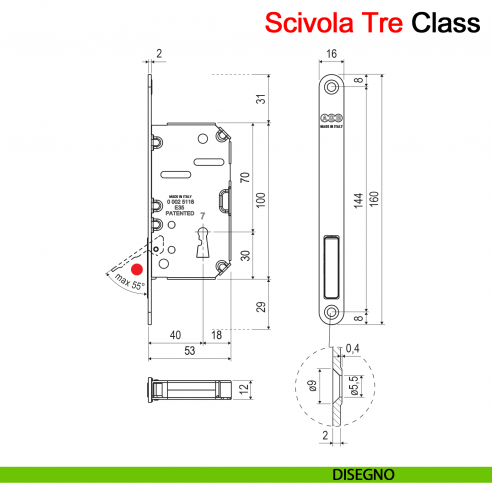 Piastra di copertura per porta scorrevole Scivola Tre Class AGB con levetta a scomparsa - disegno