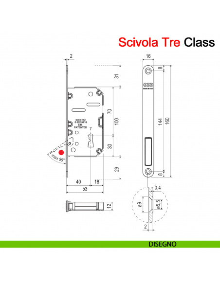 Piastra di copertura per porta scorrevole Scivola Tre Class AGB con levetta a scomparsa - disegno