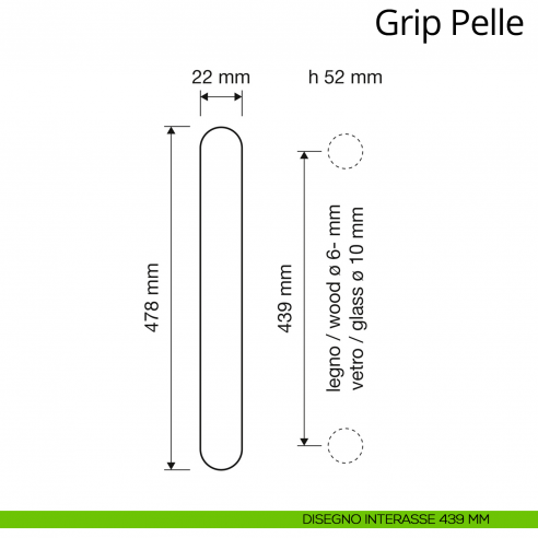 Maniglione in pelle per porta dritto Grip Pelle Linea Calì interasse 439 mm
