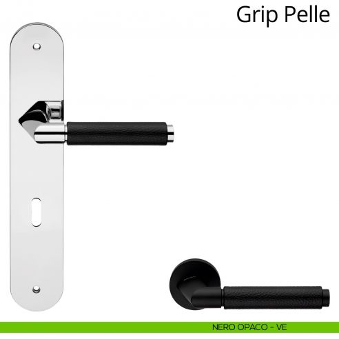 Maniglia pelle con placca per porta Grip Pelle Linea Calì -  Nero opaco - foro patent