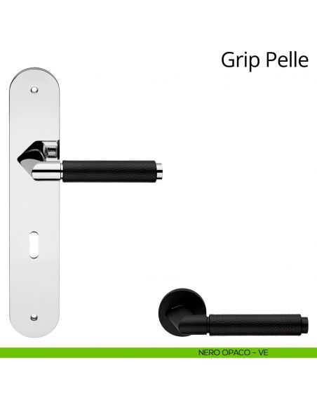 Maniglia pelle con placca per porta Grip Pelle Linea Calì -  Nero opaco - foro patent
