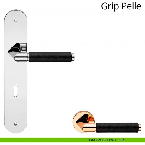 Maniglia pelle con placca per porta Grip Pelle Linea Calì -  Oro zecchino - foro patent