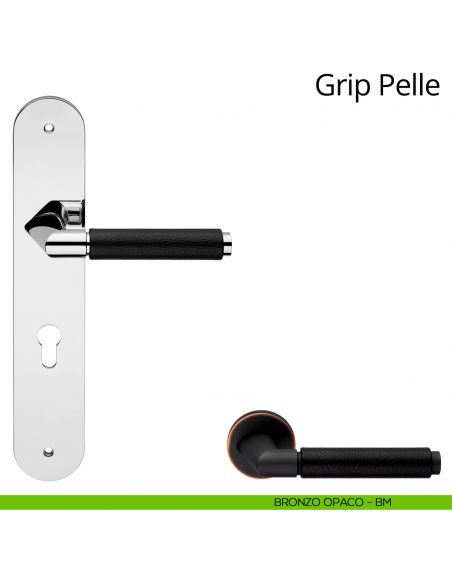 Maniglia pelle con placca per porta Grip Pelle Linea Calì -  Bronzo opaco - foro yale