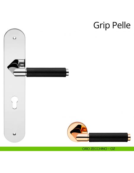 Maniglia pelle con placca per porta Grip Pelle Linea Calì -  Oro zecchino - foro yale