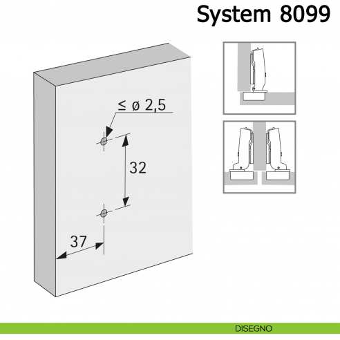 Basetta a croce Hettich System 8099 con regolazione dell'altezza diretta disegno con cerniere in battuta e mezza battuta