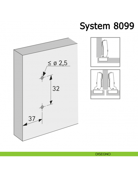 Basetta a croce Hettich System 8099 con regolazione dell'altezza diretta disegno con cerniere in battuta e mezza battuta