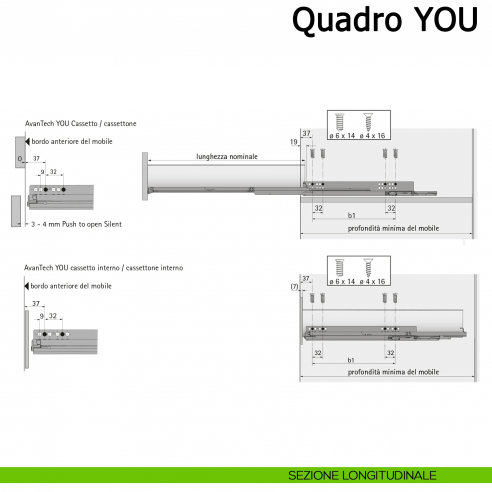 Guida Hettich Quadro V6 YOU M Silent System portata 30 kg sezione longitudinale