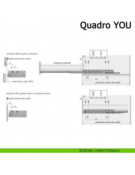 Guida Hettich Quadro V6 YOU M Silent System portata 30 kg sezione longitudinale