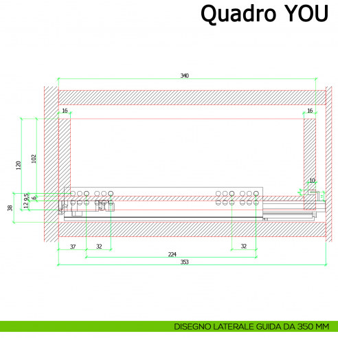Guida Hettich Quadro V6 YOU M Silent System portata 30 kg disegno laterale 350 mm