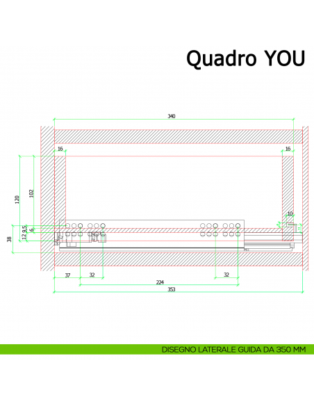 Guida Hettich Quadro V6 YOU M Silent System portata 30 kg disegno laterale 350 mm