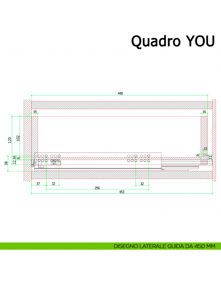 Guida Hettich Quadro V6 YOU M Silent System portata 30 kg disegno laterale 450 mm