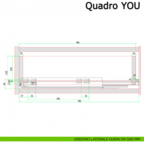 Guida Hettich Quadro V6 YOU M Silent System portata 30 kg disegno laterale 500 mm