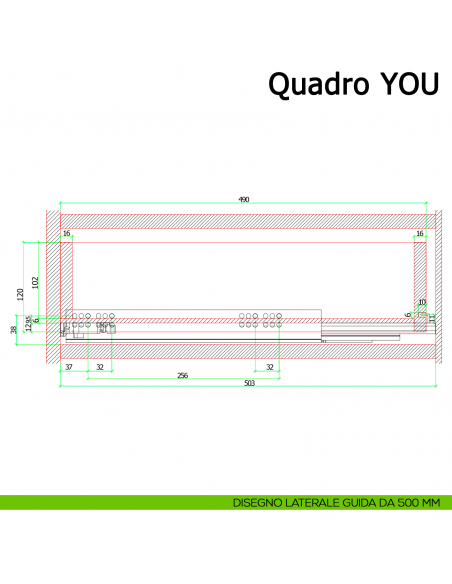 Guida Hettich Quadro V6 YOU M Silent System portata 30 kg disegno laterale 500 mm