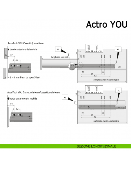 Guida Hettich Actro YOU L Silent System portata 40 kg sezione longitudinale