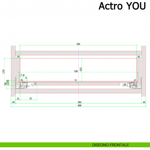 Guida Hettich Actro YOU L Silent System portata 40 kg disegno frontale