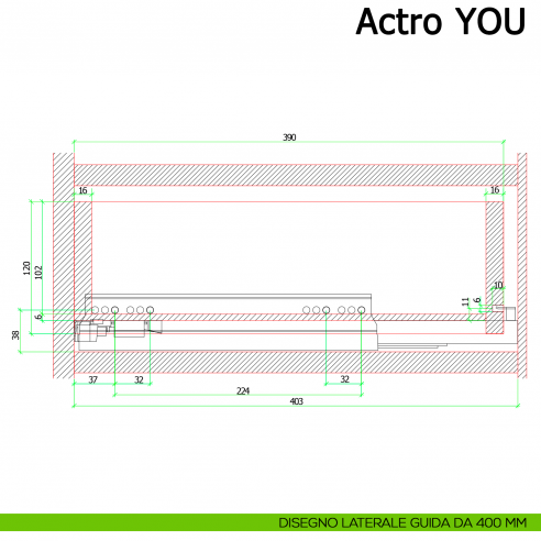 Guida Hettich Actro YOU L Silent System portata 40 kg disegno laterale 400 mm