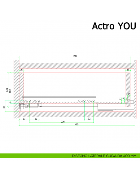 Guida Hettich Actro YOU L Silent System portata 40 kg disegno laterale 400 mm
