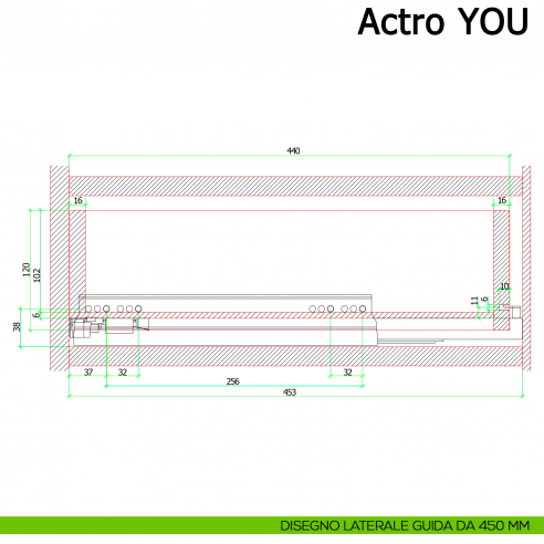 Guida Hettich Actro YOU L Silent System portata 40 kg disegno laterale 450 mm