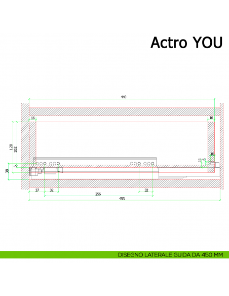 Guida Hettich Actro YOU L Silent System portata 40 kg disegno laterale 450 mm