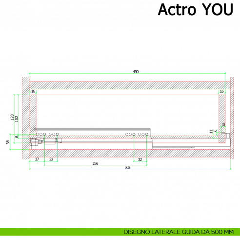 Guida Hettich Actro YOU L Silent System portata 40 kg disegno laterale 500 mm