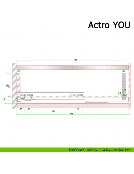 Guida Hettich Actro YOU L Silent System portata 40 kg disegno laterale 500 mm