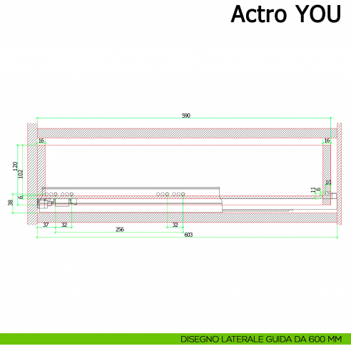 Guida Hettich Actro YOU L Silent System portata 40 kg disegno laterale 600 mm