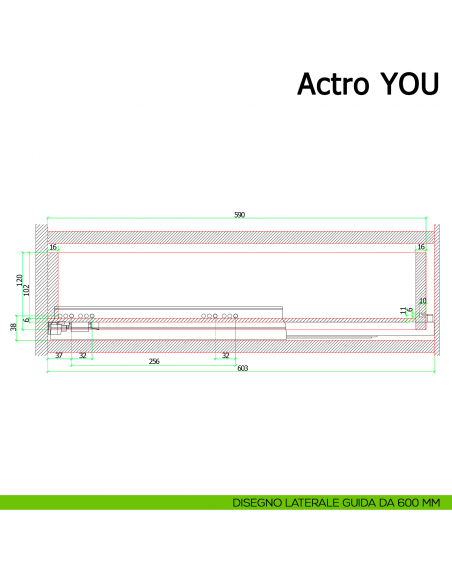 Guida Hettich Actro YOU L Silent System portata 40 kg disegno laterale 600 mm