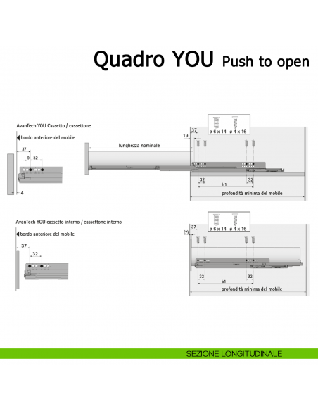 Guida Push to open Hettich Quadro V6 YOU M portata 30 kg sezione longitudinale