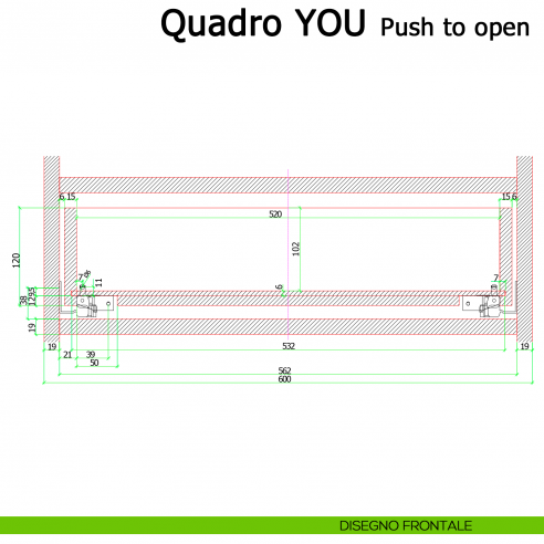 Guida Push to open Hettich Quadro V6 YOU M portata 30 kg disegno frontale