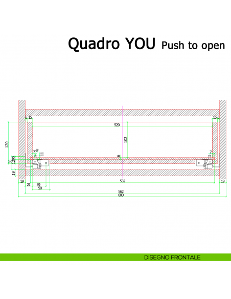 Guida Push to open Hettich Quadro V6 YOU M portata 30 kg disegno frontale