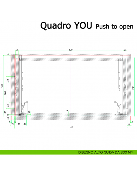 Guida Push to open Hettich Quadro V6 YOU M portata 30 kg disegno alto 300 mm