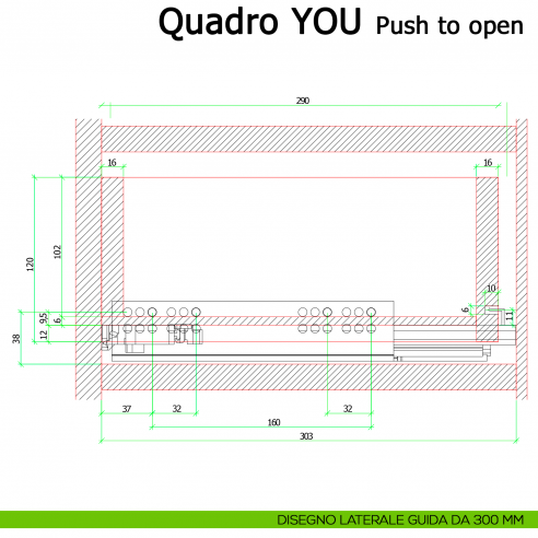 Guida Push to open Hettich Quadro V6 YOU M portata 30 kg disegno laterale 300 mm