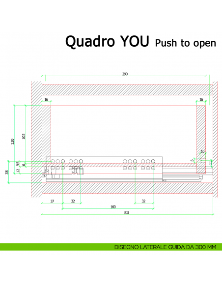 Guida Push to open Hettich Quadro V6 YOU M portata 30 kg disegno laterale 300 mm