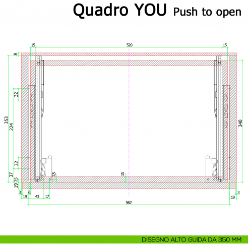 Guida Push to open Hettich Quadro V6 YOU M portata 30 kg disegno alto 350 mm