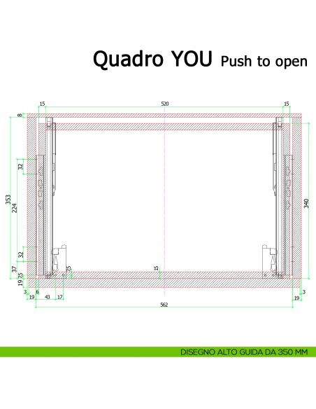 Guida Push to open Hettich Quadro V6 YOU M portata 30 kg disegno alto 350 mm