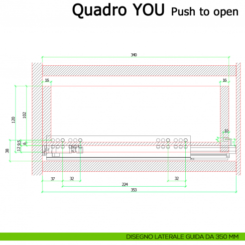 Guida Push to open Hettich Quadro V6 YOU M portata 30 kg disegno laterale 350 mm