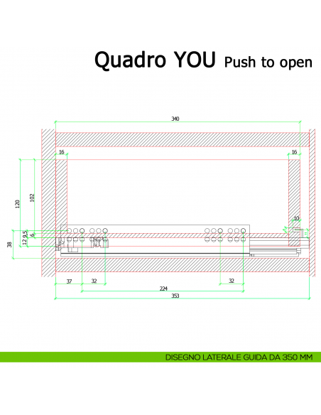 Guida Push to open Hettich Quadro V6 YOU M portata 30 kg disegno laterale 350 mm