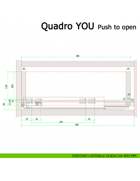 Guida Push to open Hettich Quadro V6 YOU M portata 30 kg disegno laterale 400 mm